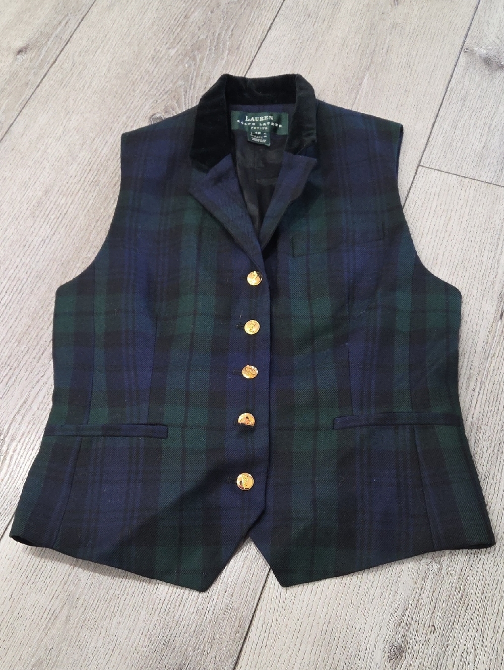 Lauren Ralph Lauren Blackwatch Plaid Wool Vest with Gold Buttons